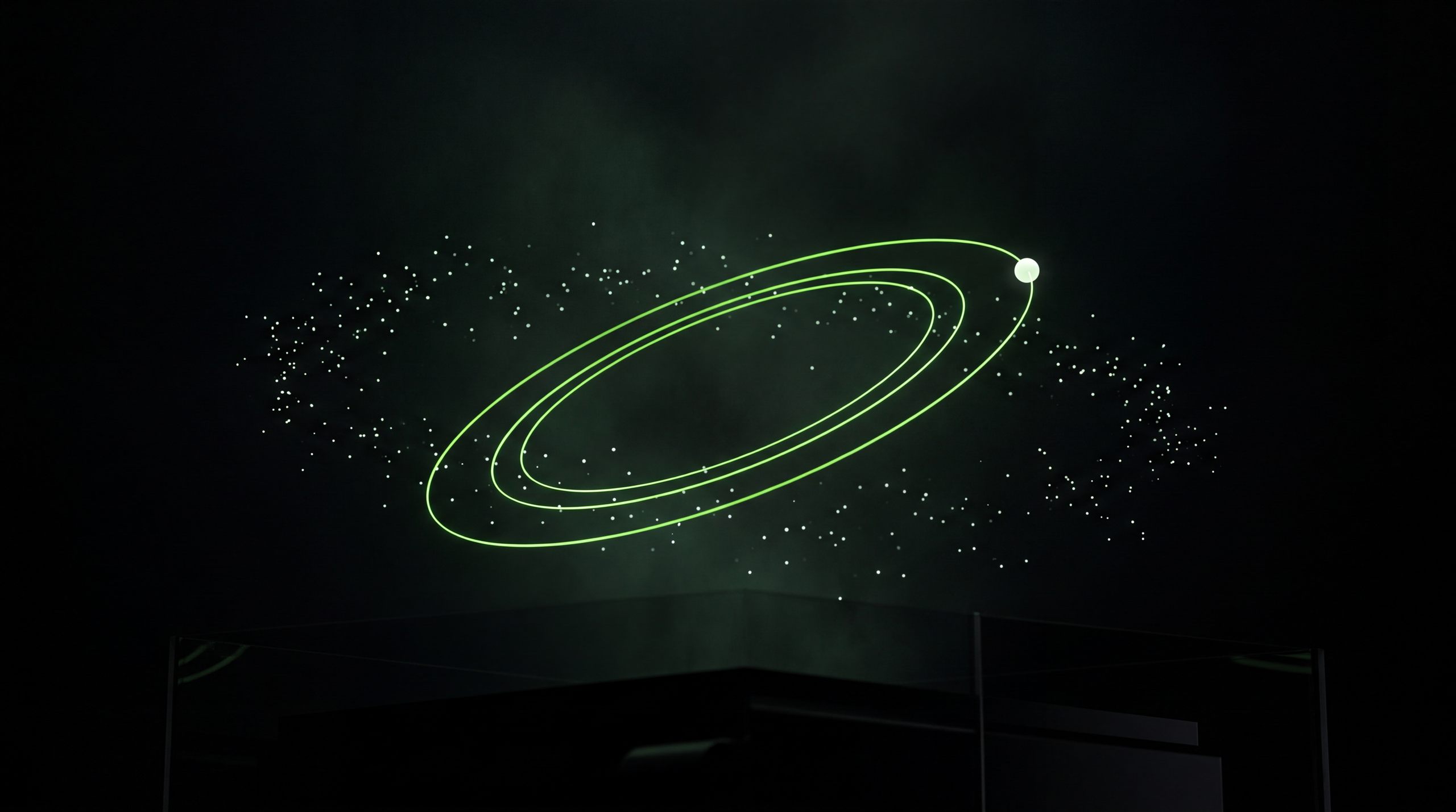 Orbital pattern rendering above the lab, from KODON's discovery engine
